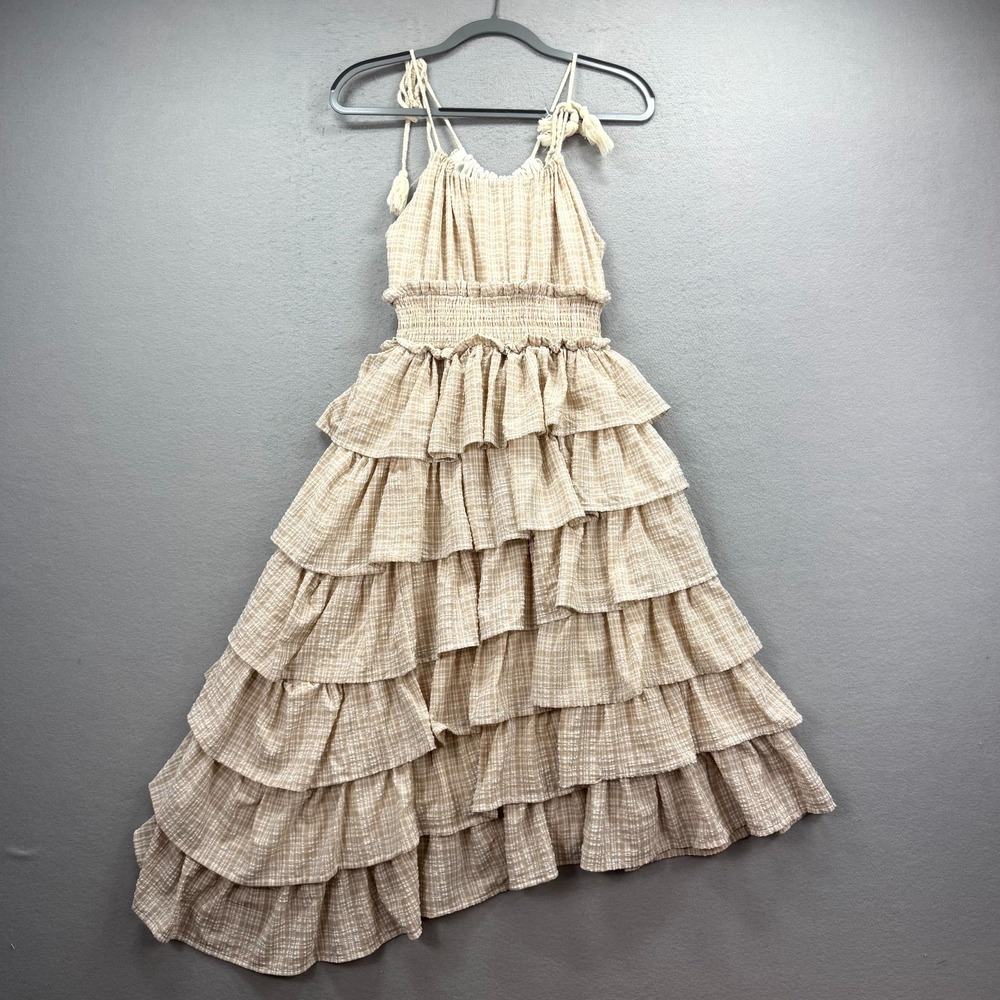 Mable Asymmetrical Tiered Dress Womens Small Beige Plaid Textured Tassel Straps